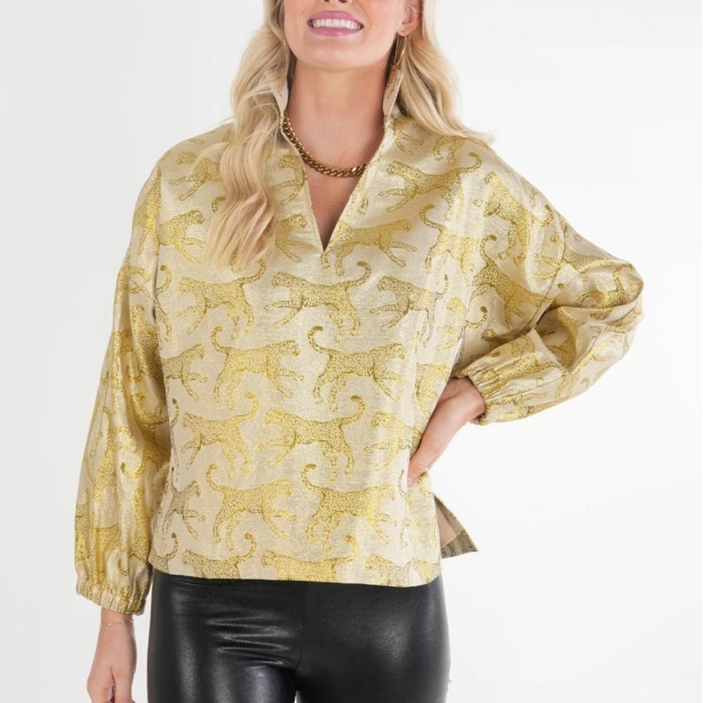 Emily McCarthy Poppy Pop Over Gold Jaguar Jacquard Puff Sleeve Blouse